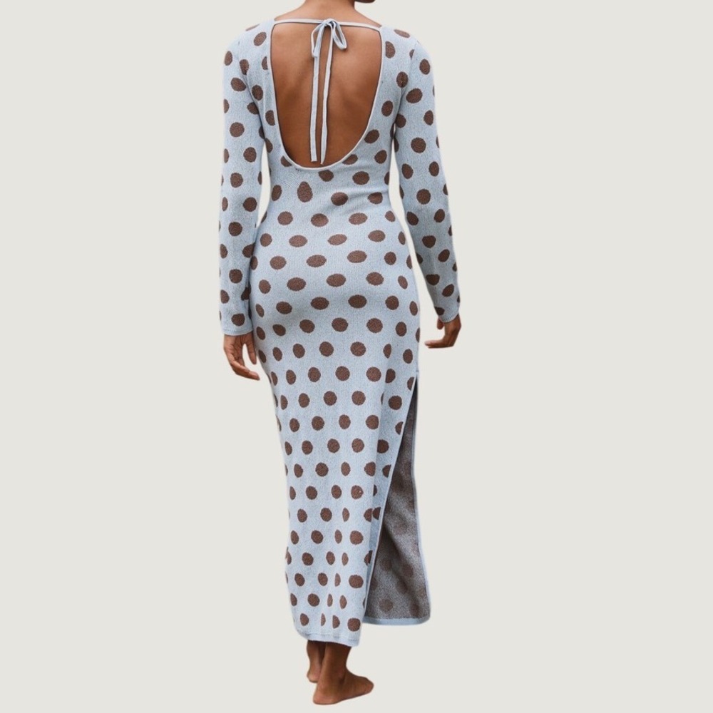 Celandine Anthropologie Maxi Dress S Blue Dot Textured Knit Open Back Sleeve